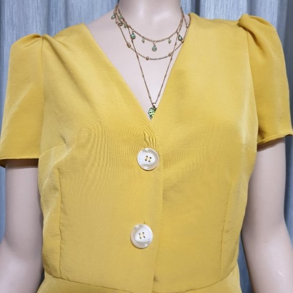 River Island AU-10 Yellow Mustard Puff Sleeve Blouse Button Top V-Neck - Picture 5 of 8